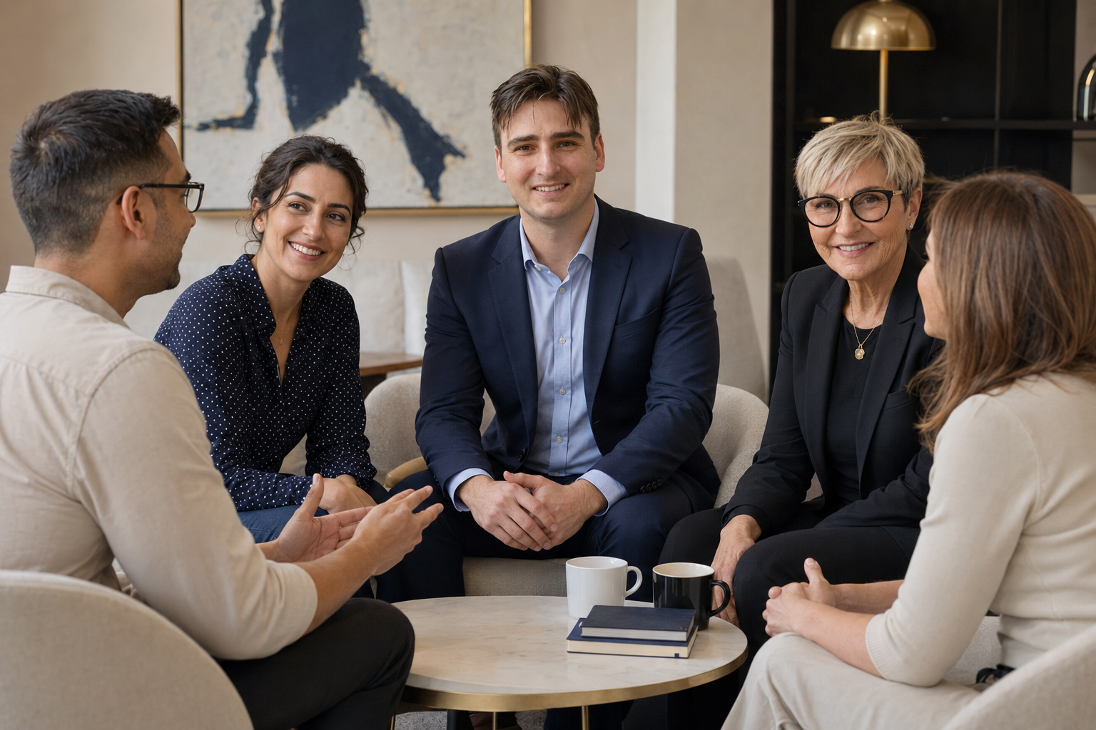 Madelyn Hamilton and Lucas in conversation with a client.